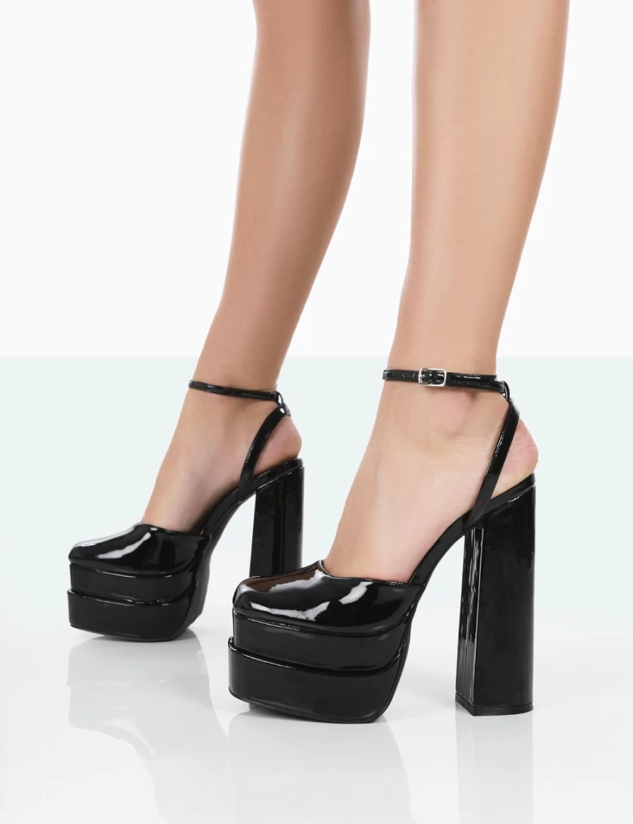 Public Desire Women's Black Moonchild Patent Platform Heels - Closed Toe Block Heels