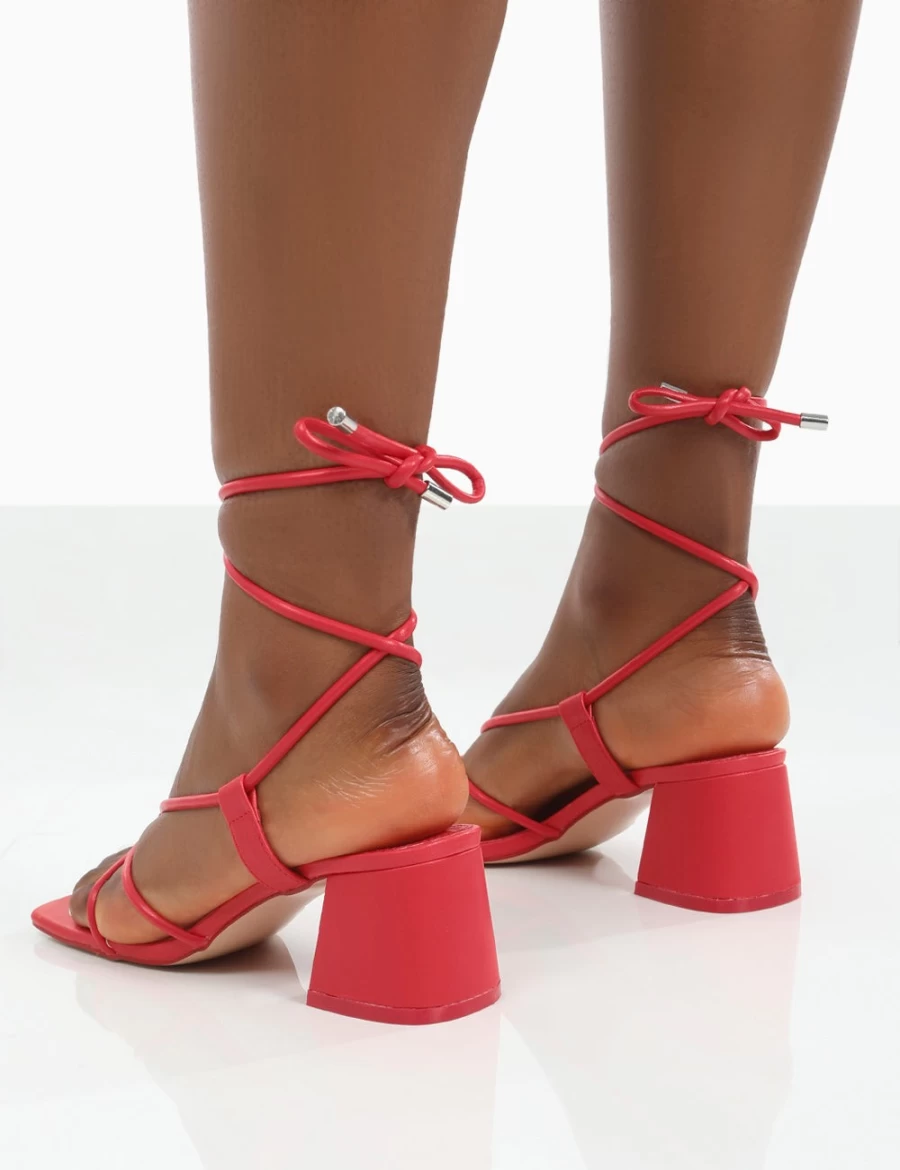 Public Desire Women's Red Aloha Lace Up Mid Heel Block Sandals