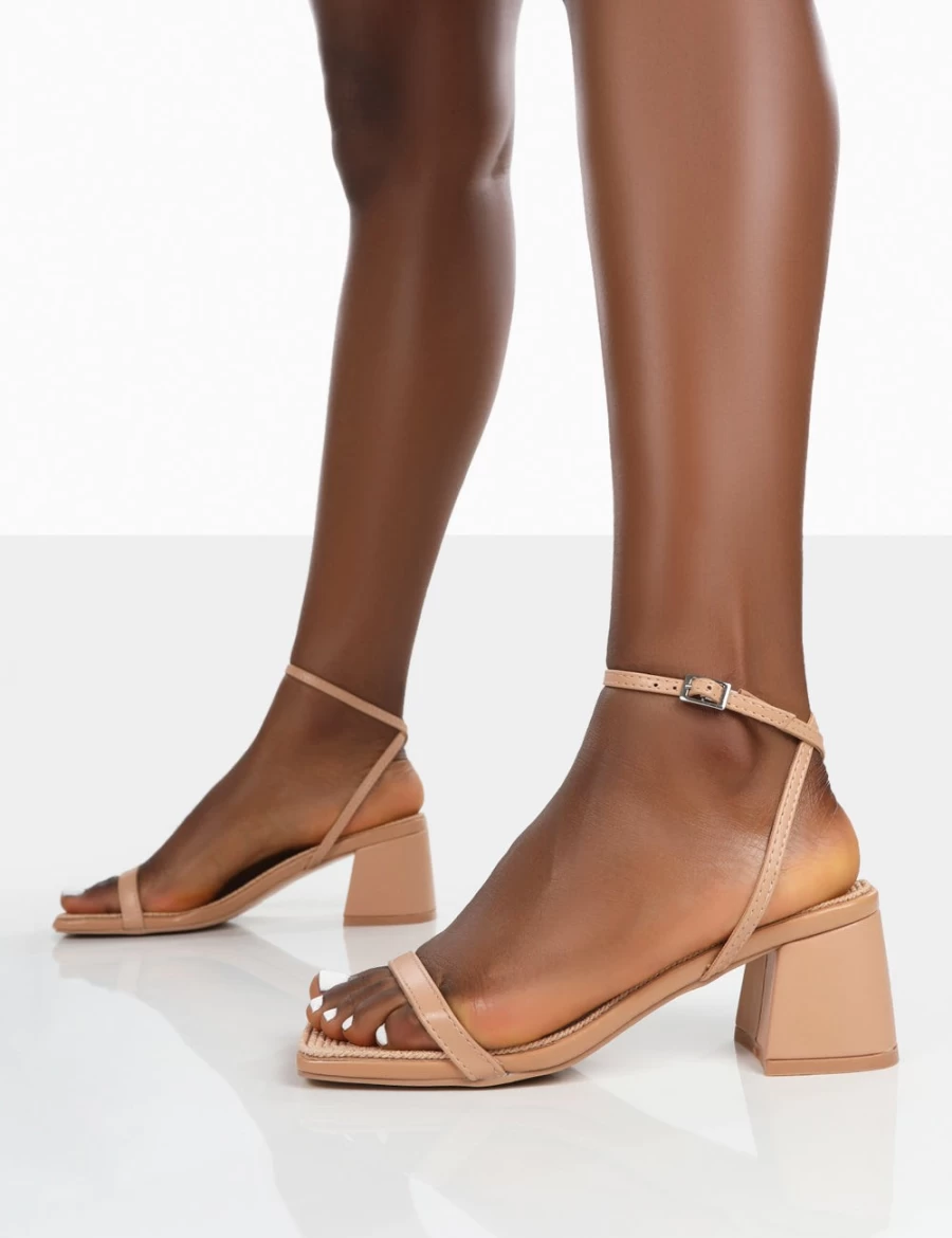 Public Desire Women's Nude Raffia Strappy Mid Block Heel Sandals