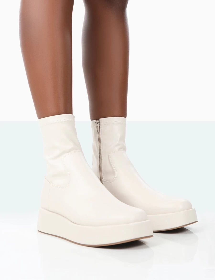 Public Desire Women's Ecru Chunky Sole Platform Ankle Boots Sock Shoes