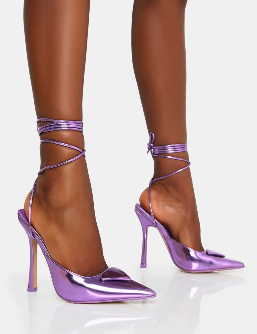 Public Desire Purple Vada Mirror Slingback Lace Up Pointed Toe Stiletto Heels for Women
