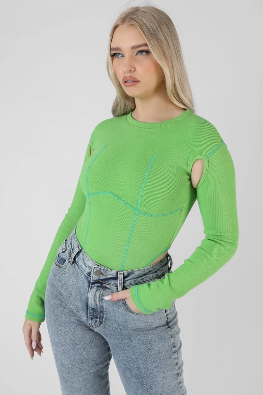 "Public Desire Women's Green Contrast Stitch Bodysuit - Stylish & Comfortable Outfit"