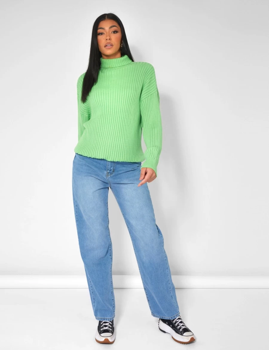 Public Desire Women's Green High Neck Contrast Stitch Ribbed Knitted Oversized Jumper Sweater