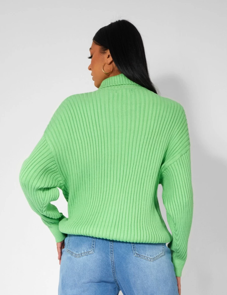 Public Desire Women's Green High Neck Contrast Stitch Ribbed Knitted Oversized Jumper Sweater