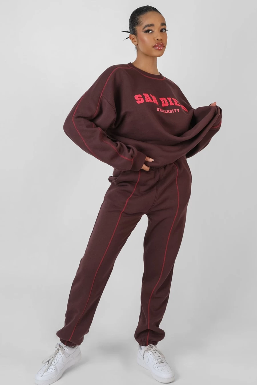 Public Desire Women's Aubergine Contrast Stitch 90's Joggers - Retro High-Waisted Casual Trousers