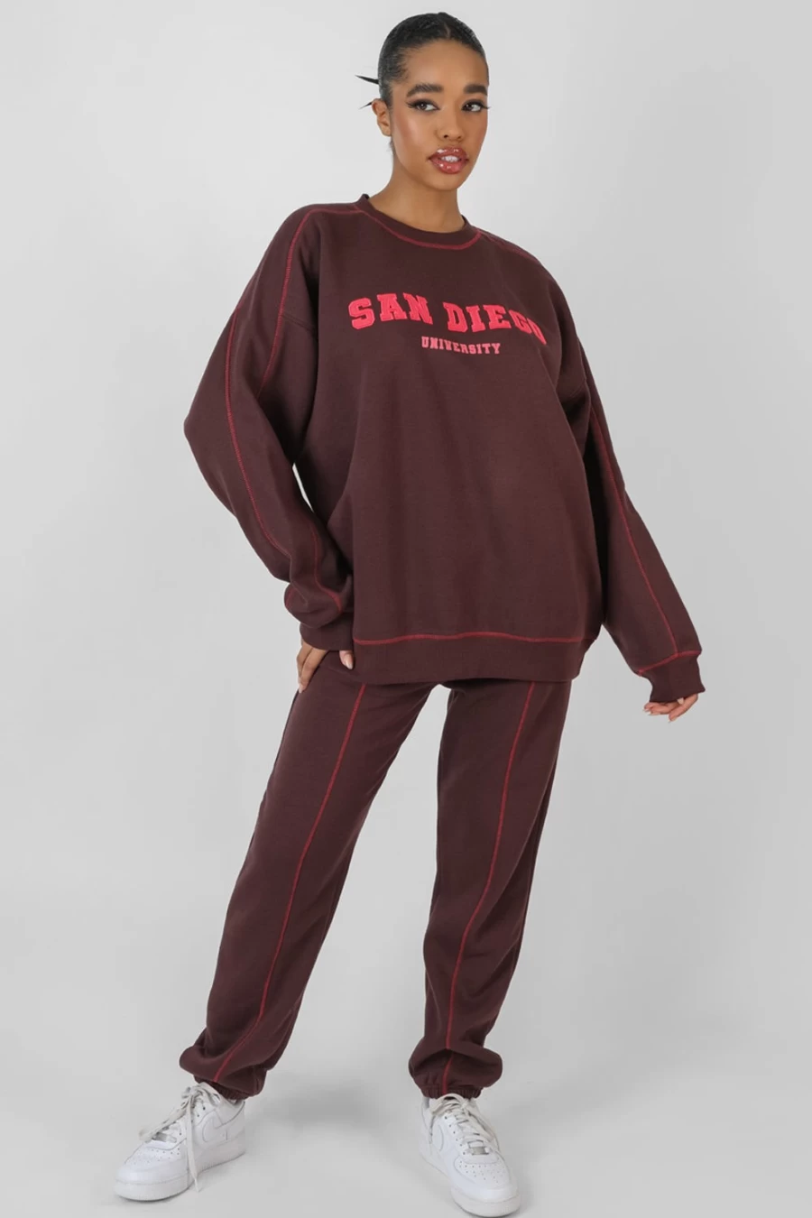Public Desire Women's Aubergine Contrast Stitch 90's Joggers - Retro High-Waisted Casual Trousers