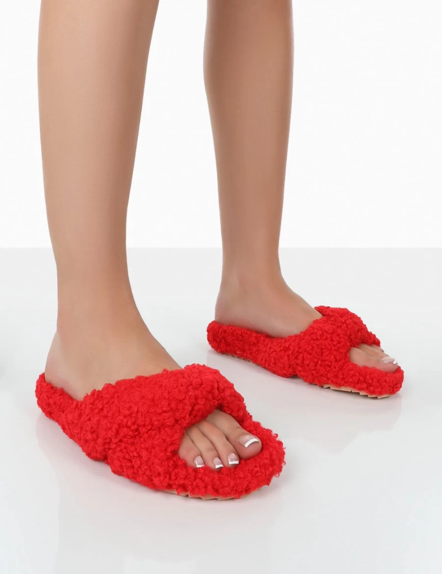 Public Desire Women's Red Slumber Teddy Cross Strap Slippers - Cozy Plush Slide-On House Shoes