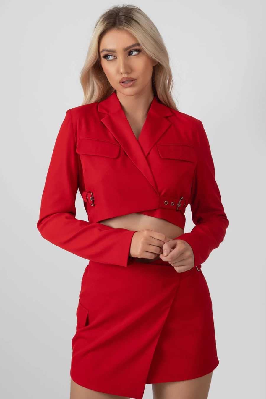 "Public Desire Women's Red Cropped Blazer with Buckle Detail"