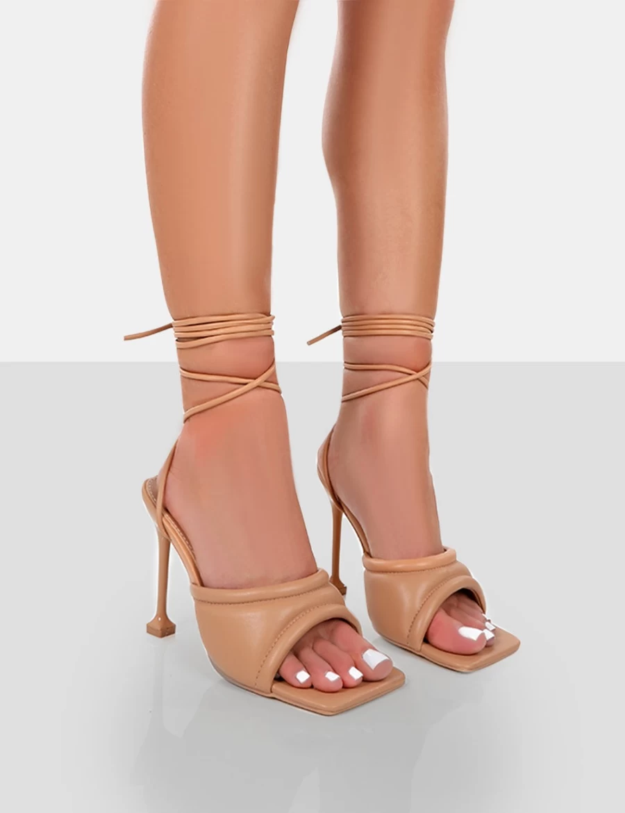 Public Desire Women's Nude Gracie Pu Square Peep Toe Lace Up Stiletto Heels
