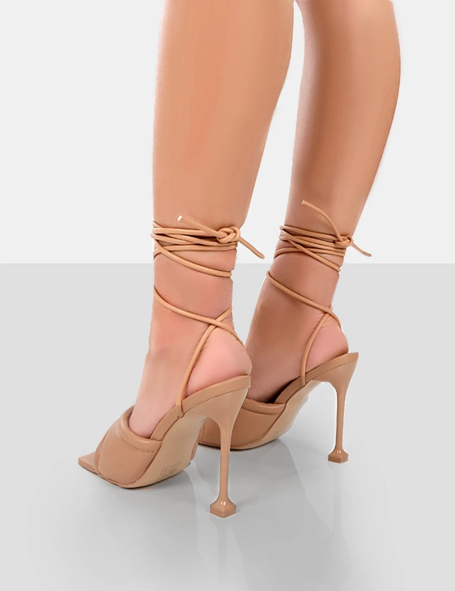 Public Desire Women's Nude Gracie Pu Square Peep Toe Lace Up Stiletto Heels
