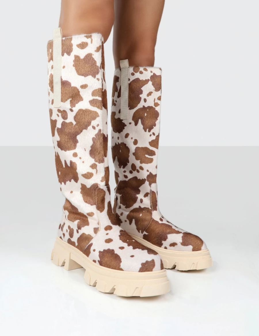 Public Desire Women's Amber X Genius Cow Print Chunky Platform Knee High Boots in Multi