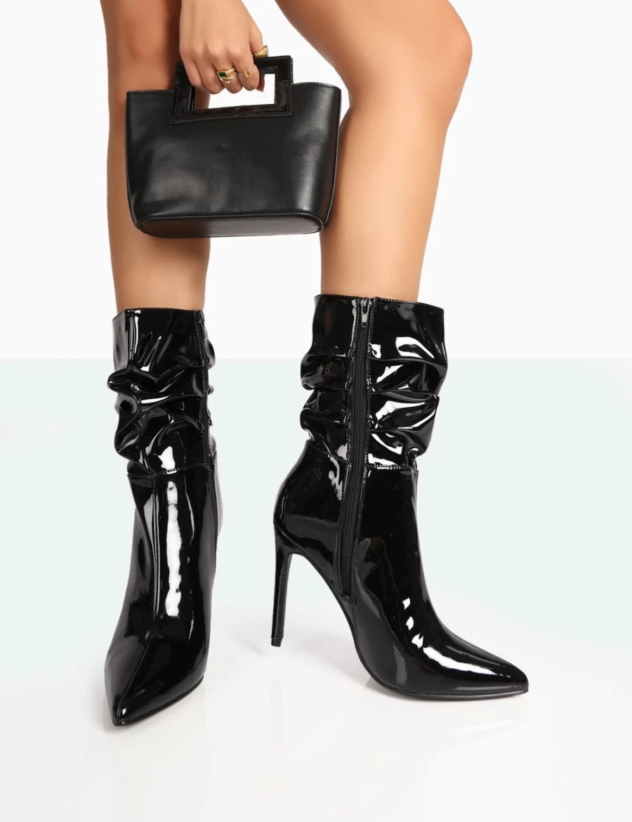 Public Desire Women's Black Zurich Patent Croc Stiletto Ankle Boots Pointed Toe High Heel