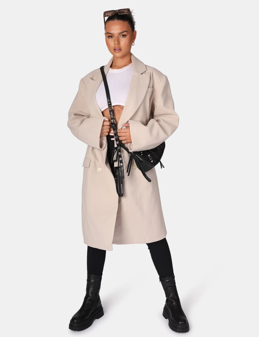 Public Desire Women's Beige Longline Oversized Wool Coat - Stone Color Winter Warm Trench Coat