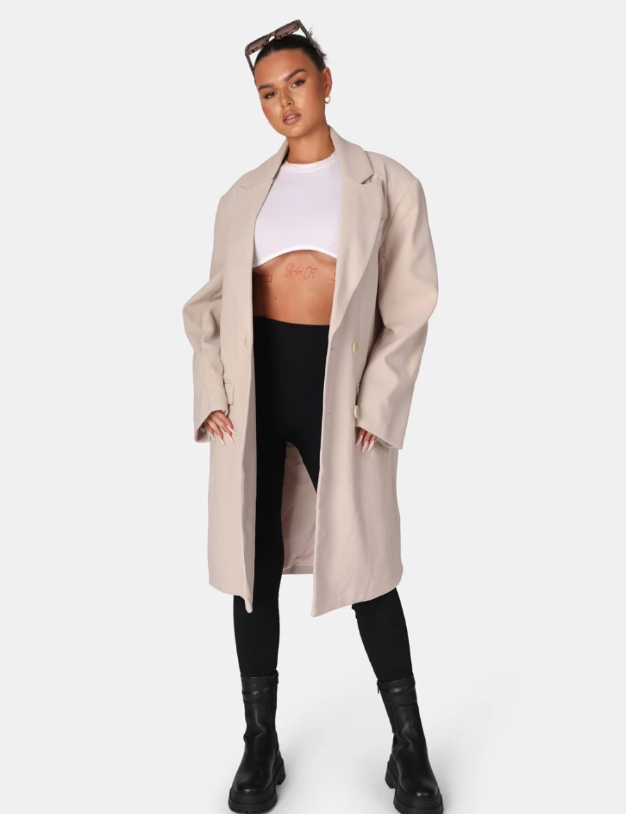 Public Desire Women's Beige Longline Oversized Wool Coat - Stone Color Winter Warm Trench Coat