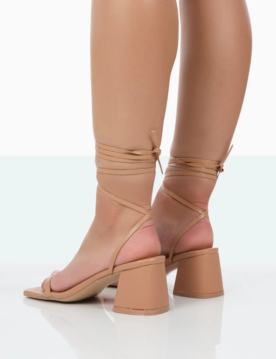 Public Desire Women's Nude Square Toe Lace Up Block Mid Heel Sandals
