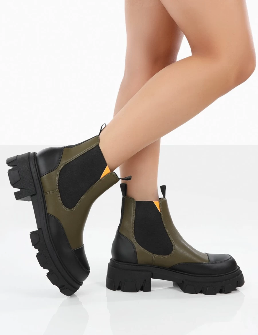 Public Desire Women's Green Trance Khaki Chunky Sole Chelsea Boots