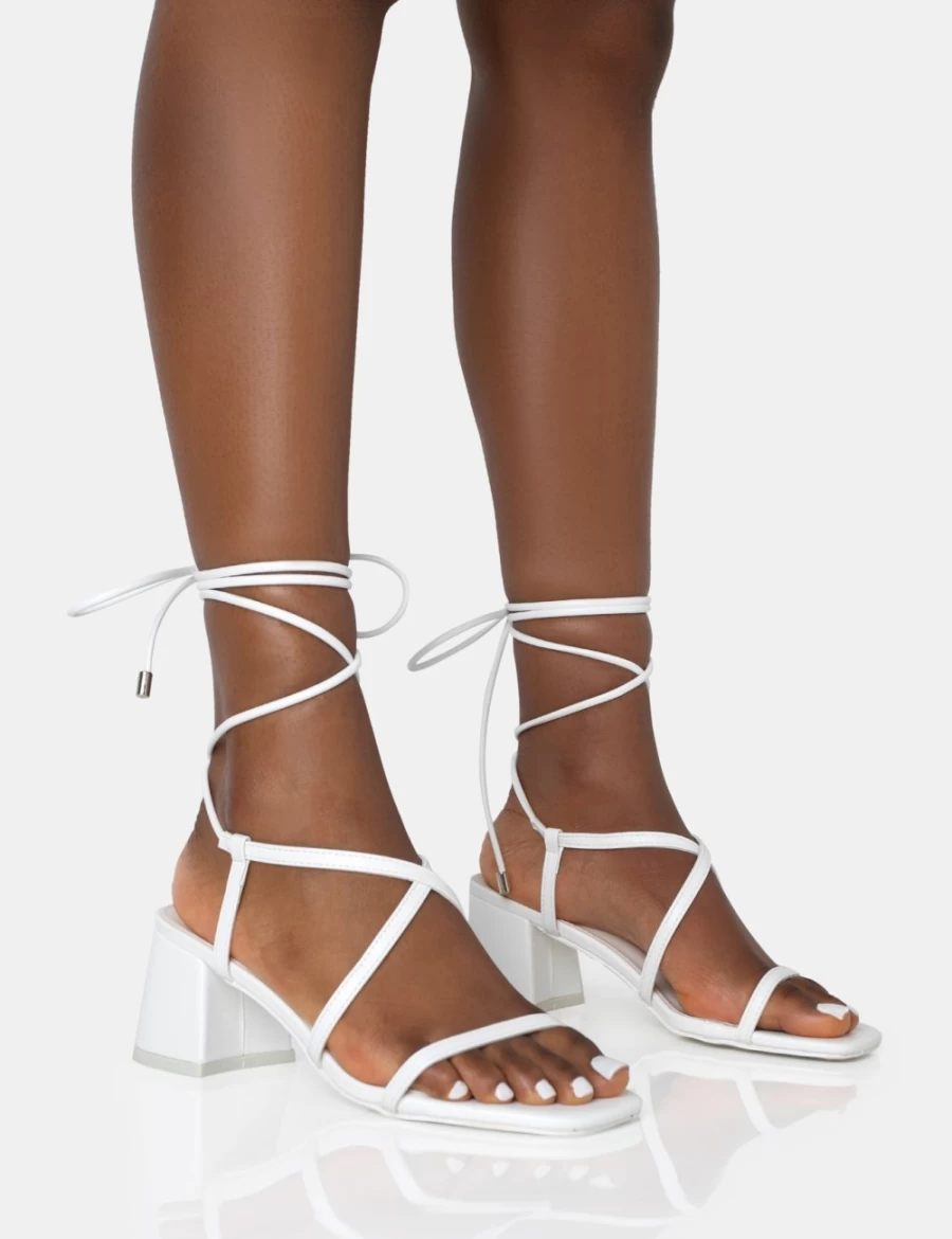 Public Desire Women's White Mabel Pu Ankle Tie Mid Block Heel Sandals