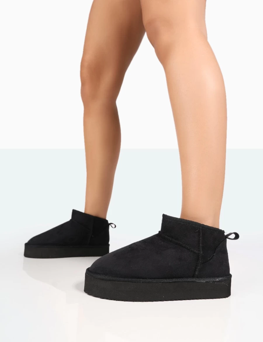 Public Desire Women's Black Faux Suede Chunky Heel Ankle Boots Shorty Ultra Mini