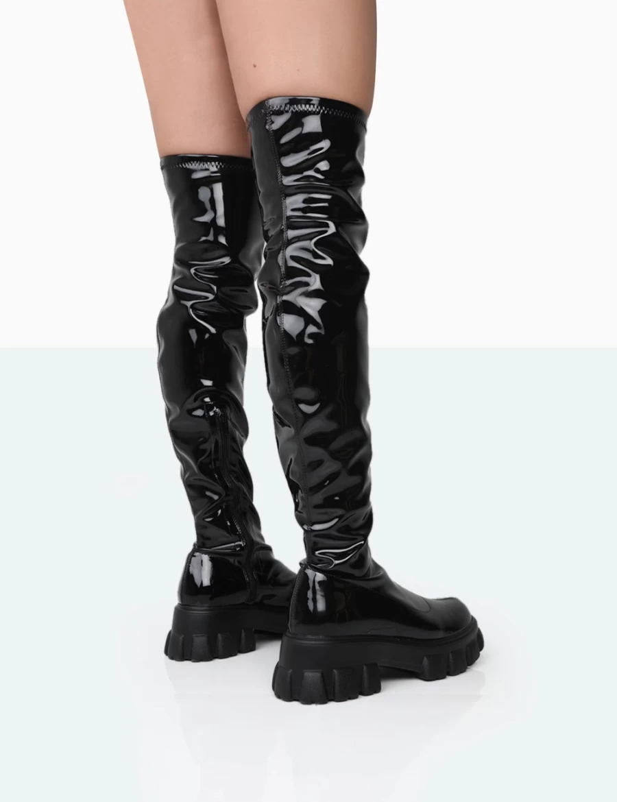 Public Desire Women's Black Patent Chunky Sole Knee High Boots - Take Chance Style