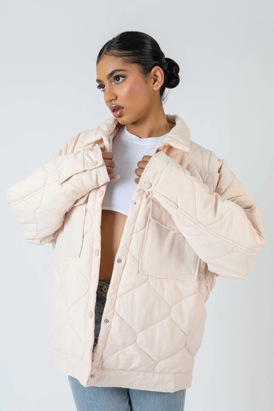 Public Desire Women's Ecru Onion Quilted Shacket Coat