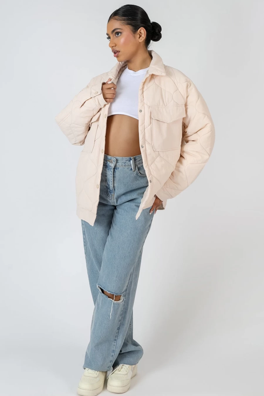 Public Desire Women's Ecru Onion Quilted Shacket Coat