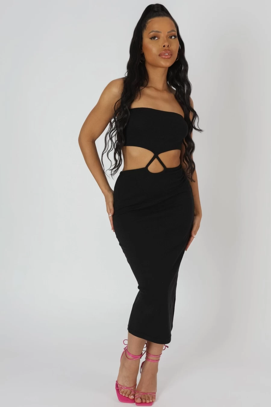 Public Desire Women's Black Strapless Bandeau Midi Dress with Cut Out Detail